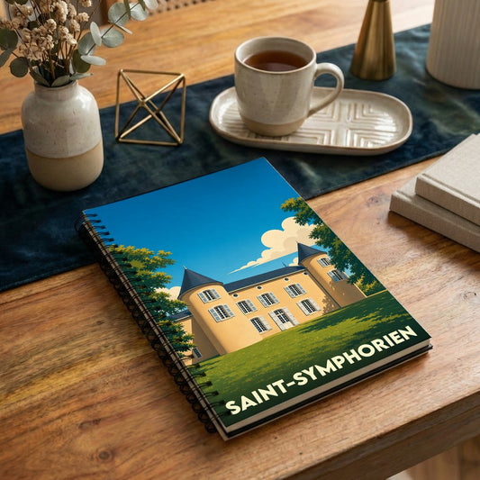 Carnet souvenir de la ville de Saint-Symphorien illustré par un château stylisé sous un ciel bleu.
