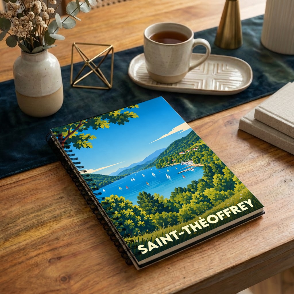 Carnet à spirales souvenir de la ville de Saint-Théoffrey avec une illustration stylisée de son lac et de ses montagnes.
