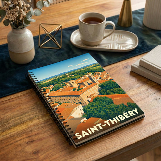 Carnet souvenir de la ville de Saint-Thibéry avec une illustration stylisée des toits et du paysage environnant.
