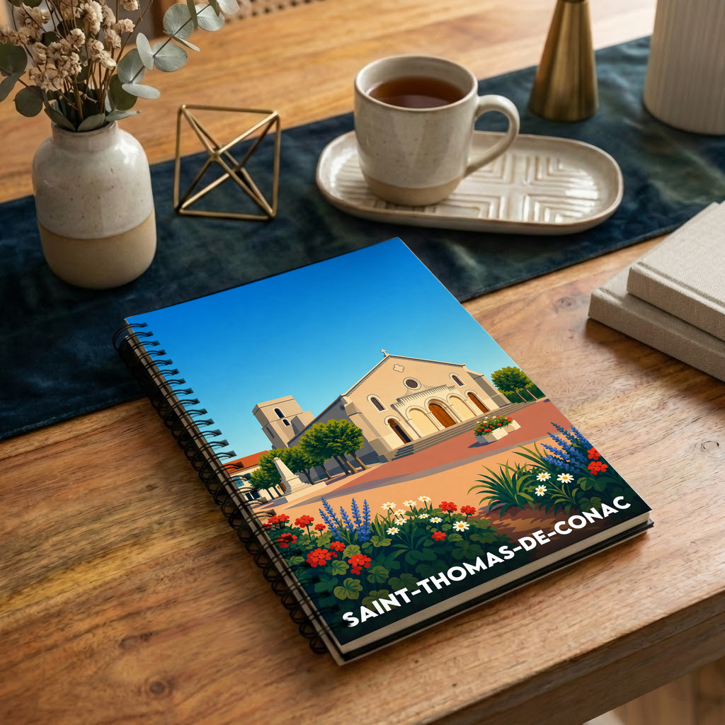 Carnet souvenir de la ville de Saint-Thomas-de-Conac avec une illustration stylisée.