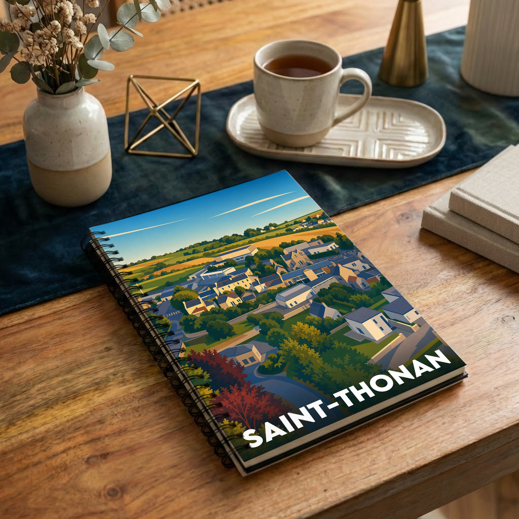 Carnet souvenir de la ville de Saint-Thonan avec une illustration stylisée.