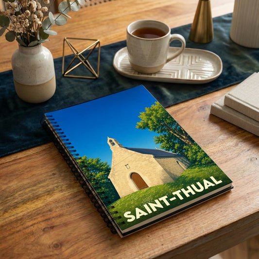 Carnet à spirales souvenir de la ville de Saint-Thual avec une illustration stylisée de sa chapelle.