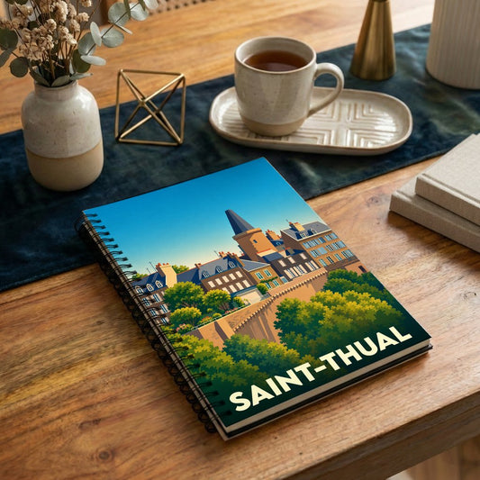 Carnet à spirales souvenir de la ville de Saint-Thual avec une illustration stylisée.