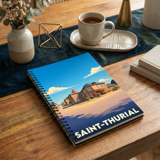 Carnet à spirales souvenir de la ville de Saint-Thurial avec une illustration stylisée.