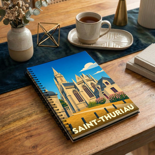 Carnet souvenir de la ville de Saint-Thuriau avec une illustration stylisée de son église.