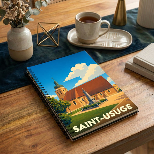 Carnet à spirales souvenir de la ville de Saint-Usuge avec une illustration stylisée de son église.