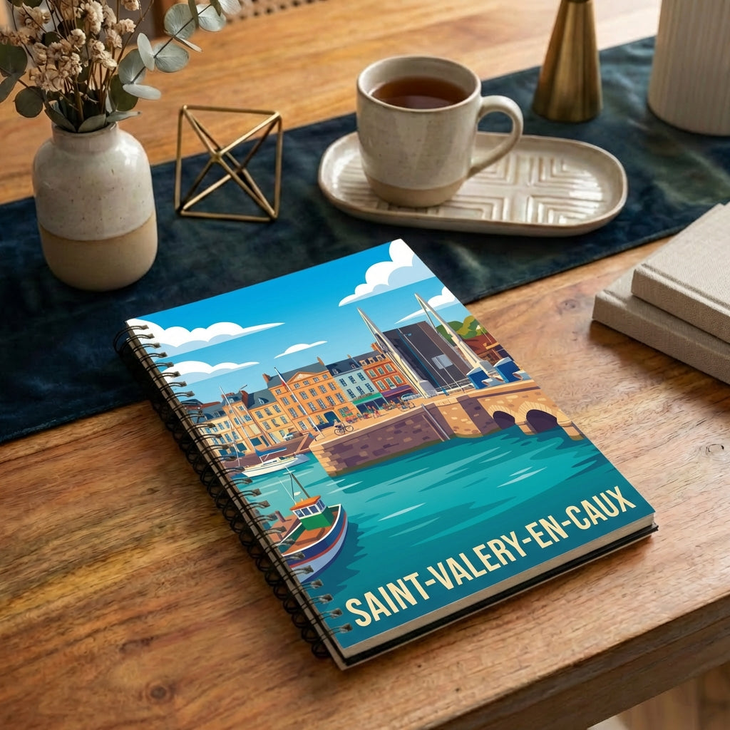 Carnet souvenir de la ville de Saint-Valery-en-Caux avec une illustration stylisée du port.