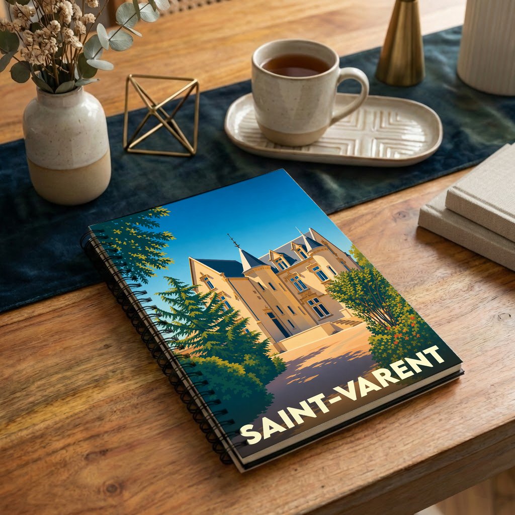 Carnet de notes à spirales souvenir de la ville de Saint-Varent avec une illustration stylisée de château.
