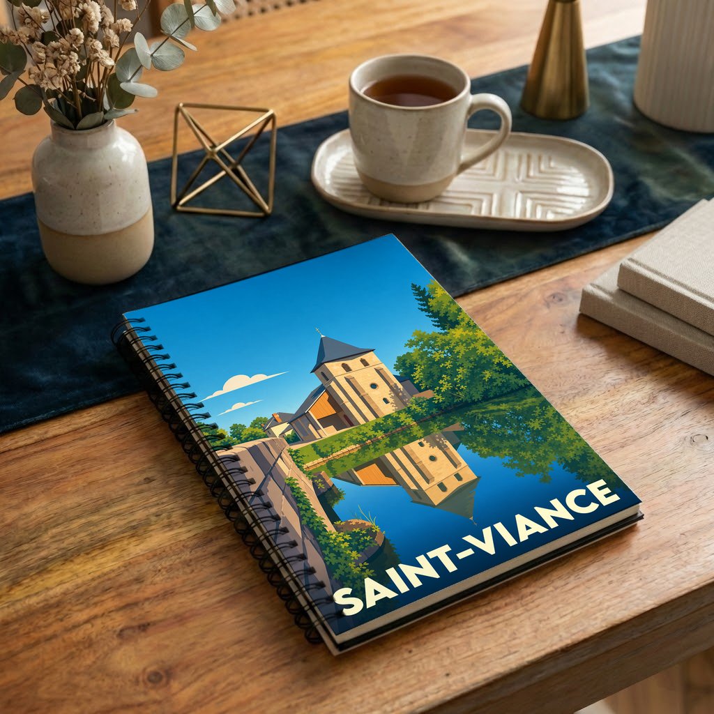 Carnet de notes à spirales souvenir de la ville de Saint-Viance avec une illustration stylisée.