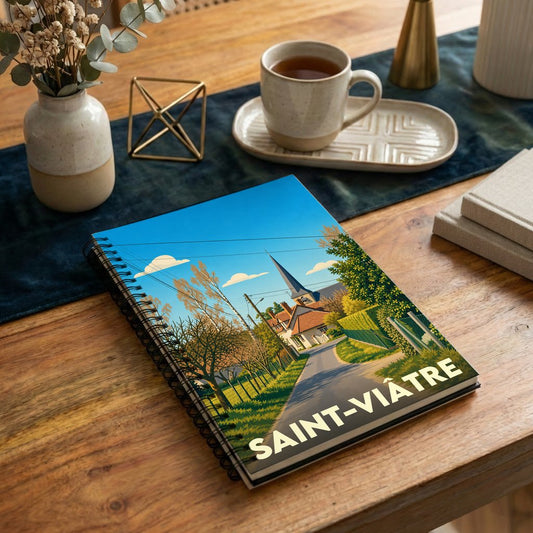 Carnet souvenir de la ville de Saint-Viâtre avec une illustration stylisée d'un paysage urbain.