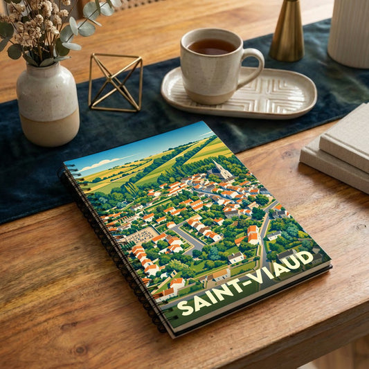 Carnet à spirales souvenir de la ville de Saint-Viaud avec une illustration aérienne et colorée.