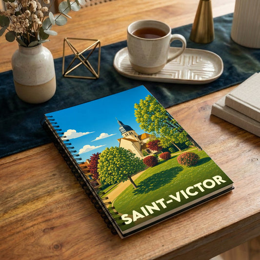 Carnet à spirales souvenir de la ville de Saint-Victor avec une illustration stylisée de son paysage.