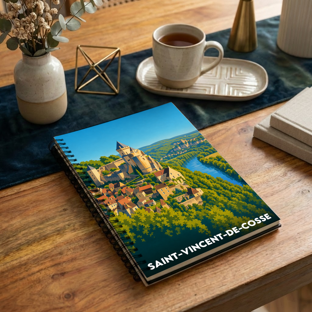 Carnet à spirales souvenir de la ville de Saint-Vincent-de-Cosse avec une illustration stylisée.