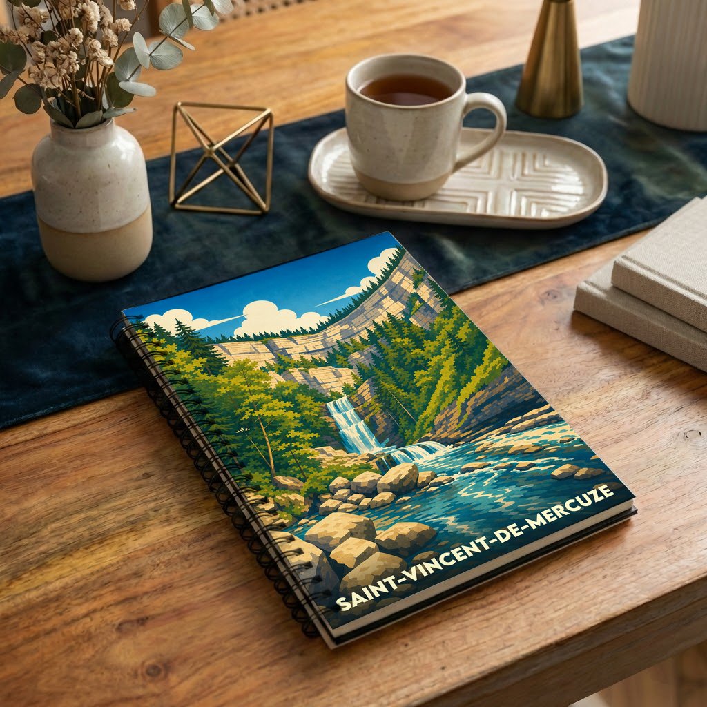 Carnet à spirales souvenir de la ville de Saint-Vincent-de-Mercuze avec une illustration stylisée de cascade et de montagnes.