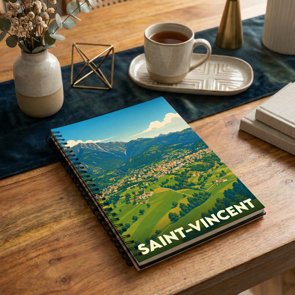 Carnet à spirales souvenir de la ville de Saint-Vincent avec une illustration paysagère stylisée.