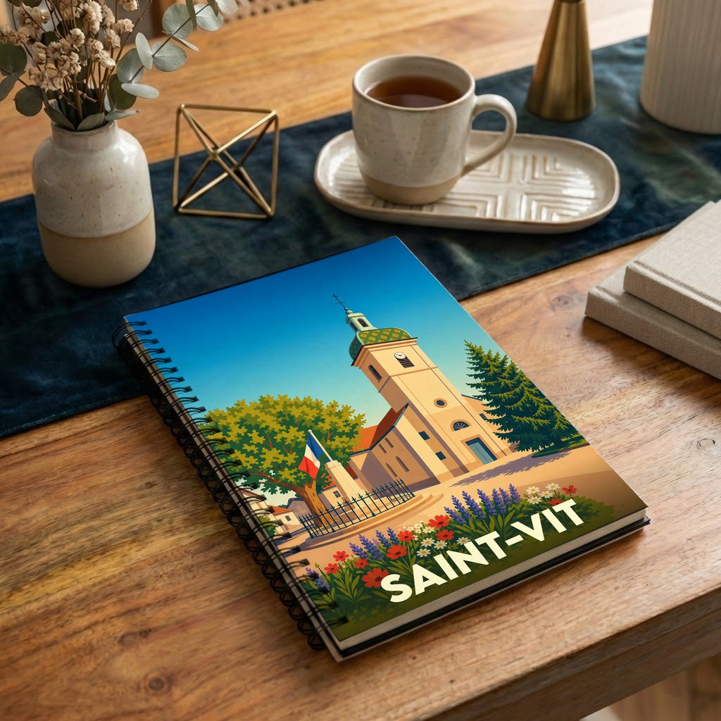 Carnet à spirale souvenir de la ville de Saint-Vit avec une illustration colorée et stylisée de son église.