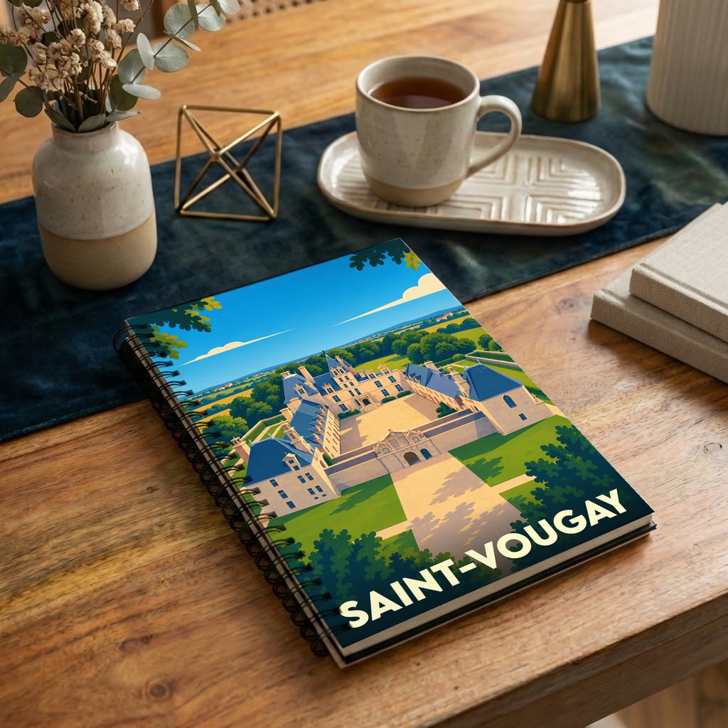 Carnet souvenir de la ville de Saint-Vougay avec une illustration stylisée de son château.