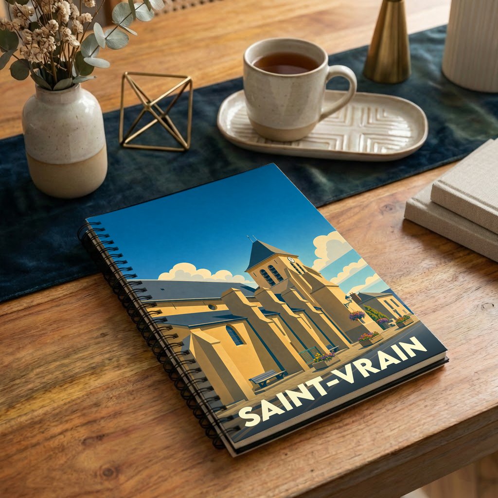Carnet à spirales souvenir de la ville de Saint-Vrain avec une illustration stylisée de son église.