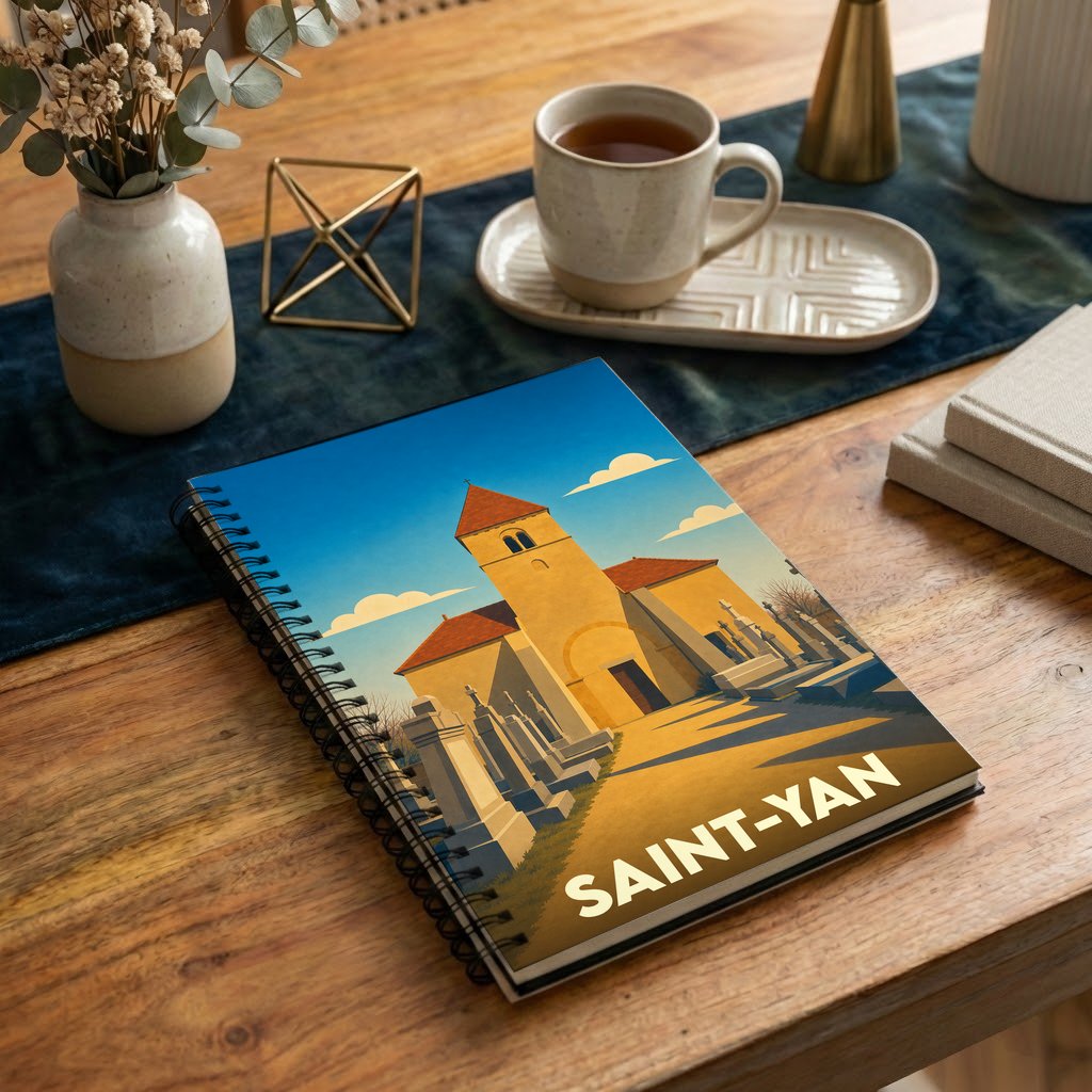 Carnet à spirales souvenir de la ville de Saint-Yan avec une illustration stylisée de son église et de son cimetière.