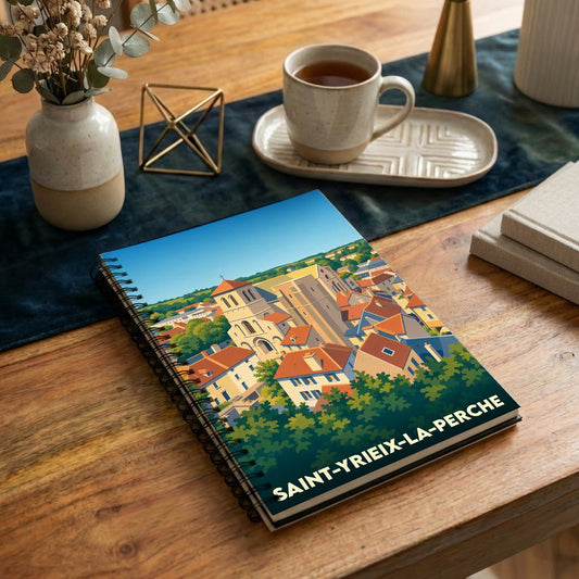 Carnet de notes souvenir de la ville de Saint-Yrieix-la-Perche avec une illustration stylisée et colorée.