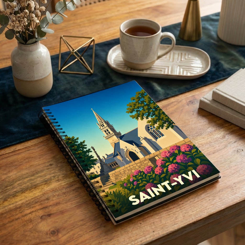 Carnet souvenir de la ville de Saint-Yvi avec une illustration stylisée de son église et de fleurs d'hortensias.