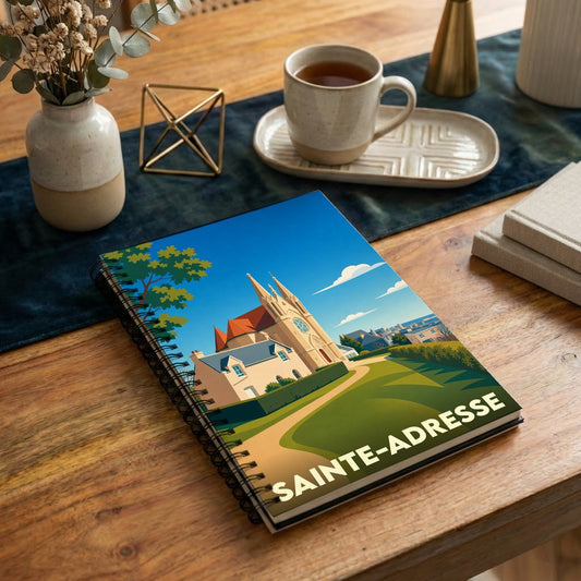 Carnet à spirales souvenir de la ville de Sainte-Adresse avec une illustration stylisée.