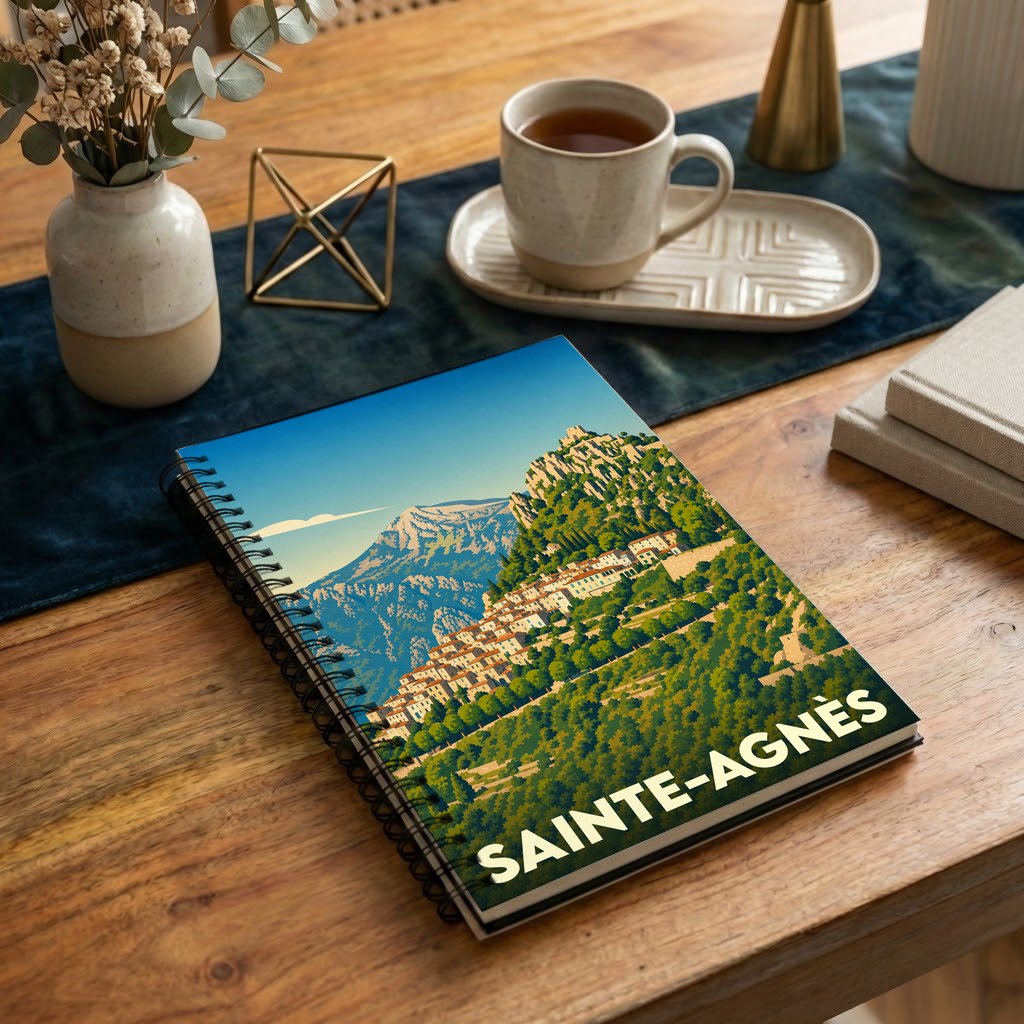 Carnet souvenir à spirale de la ville de Sainte-Agnès avec une illustration stylisée de son village perché.