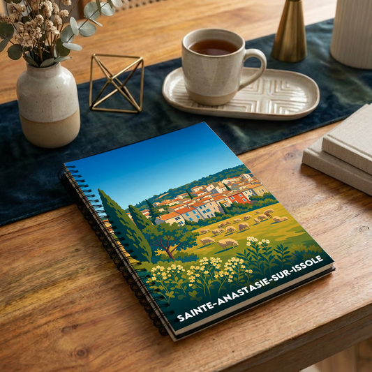 Carnet souvenir de Sainte-Anastasie-sur-Issole avec une illustration de paysage stylisée.