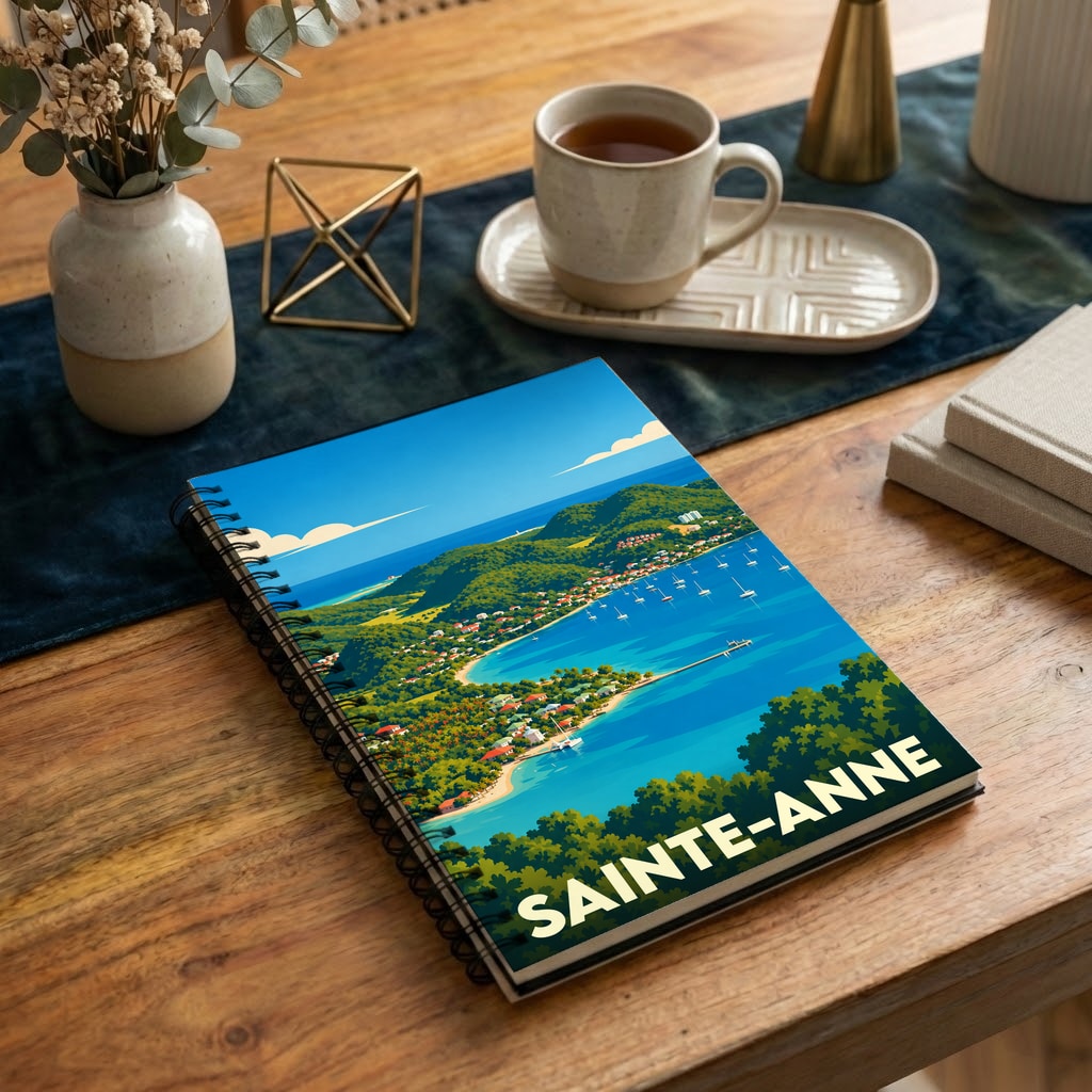 Carnet souvenir de la ville de Sainte-Anne avec une illustration stylisée d'un paysage côtier tropical.