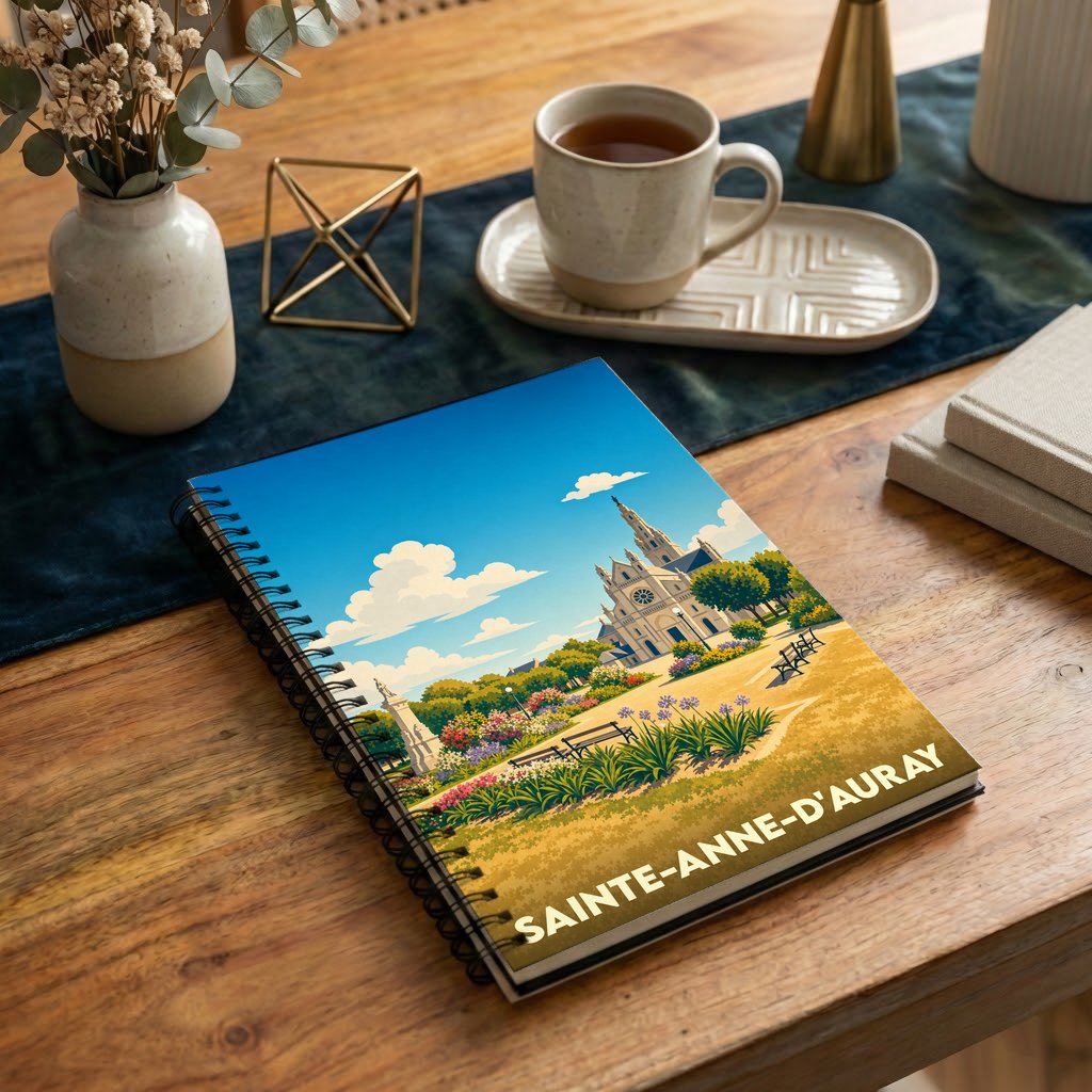 Carnet souvenir de la ville de Sainte-Anne-d'Auray avec une illustration colorée de sa basilique et de ses jardins.