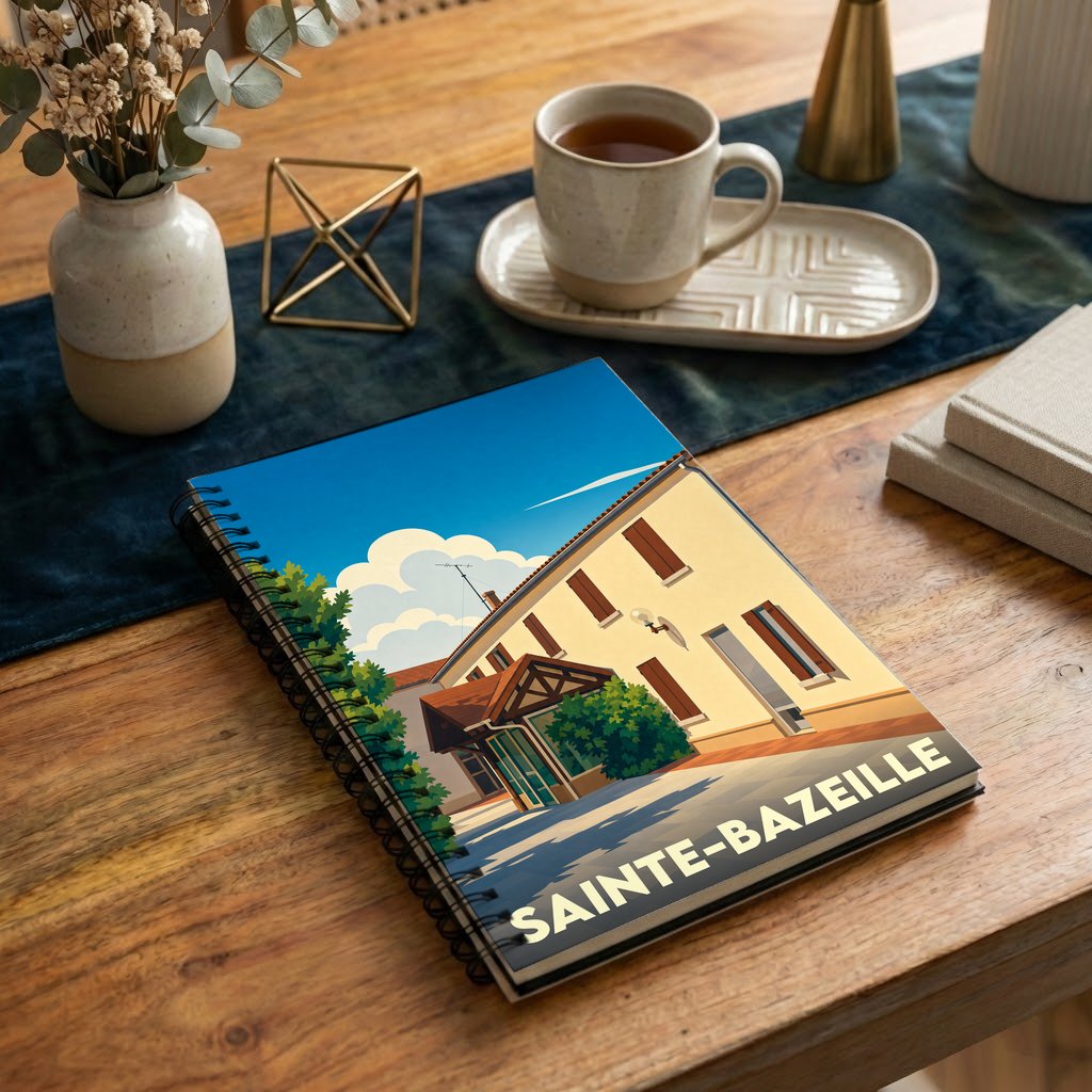 Carnet souvenir de la ville de Sainte-Bazeille avec une illustration stylisée d'un bâtiment ensoleillé.