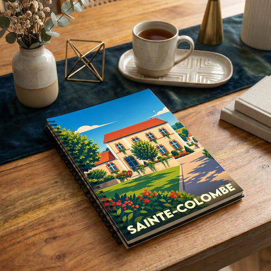 Carnet de notes souvenir de la ville de Sainte-Colombe orné d'une illustration stylisée de son architecture.