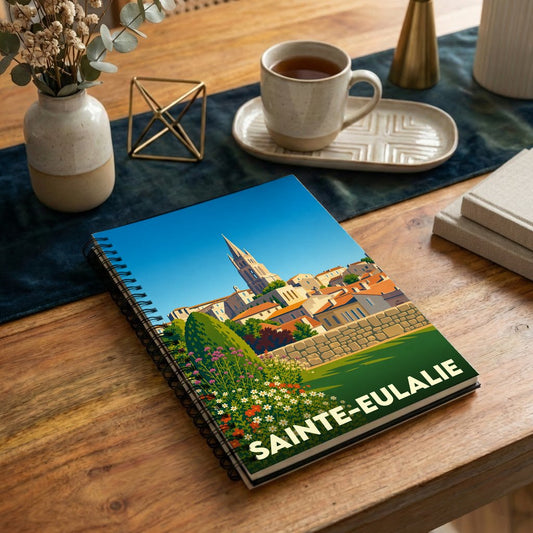 Carnet à spirales souvenir de la ville de Sainte-Eulalie avec une illustration stylisée.