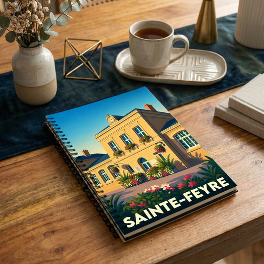 Carnet de notes souvenir de la ville de Sainte-Feyre avec une illustration colorée et stylisée de sa mairie.