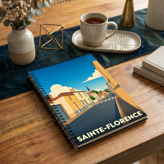 Carnet à spirales souvenir de la ville de Sainte-Florence avec une illustration stylisée.