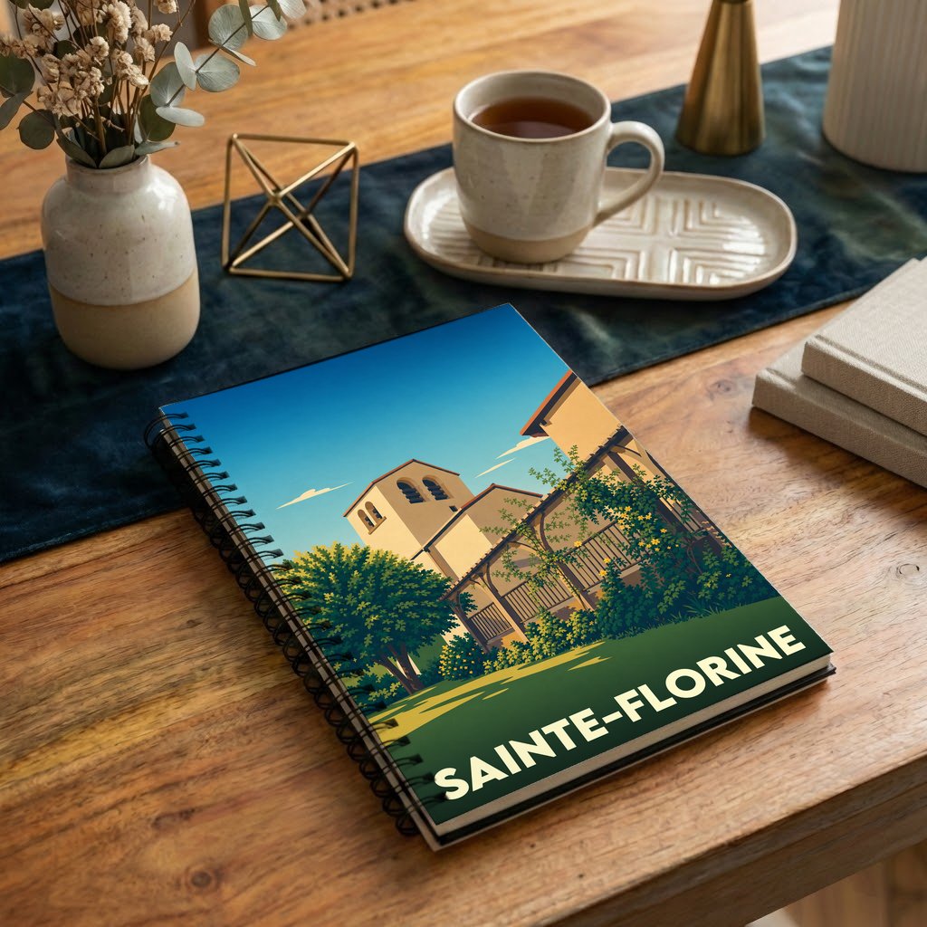 Carnet à spirales souvenir de la ville de Sainte-Florine avec une illustration stylisée de son patrimoine.