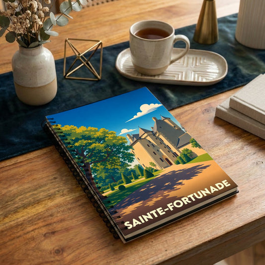 Carnet souvenir de la ville de Sainte-Fortunade avec une illustration stylisée de son château.