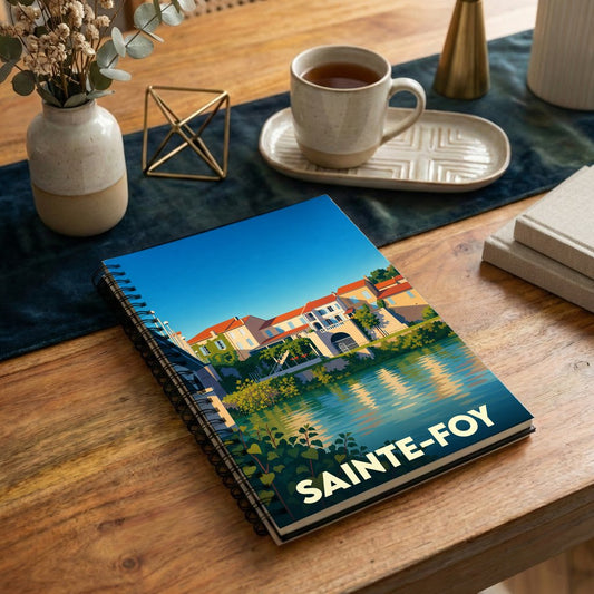 Carnet de notes à spirales avec une illustration stylisée de la ville de Sainte-Foy en bord de rivière.