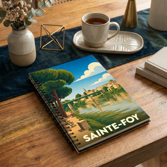 Carnet souvenir à spirale de la ville de Sainte-Foy avec une illustration stylisée d'un paysage fluvial.