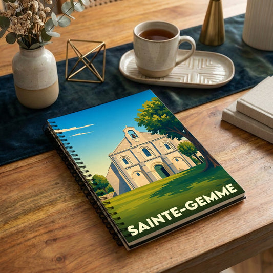 Carnet souvenir de la ville de Sainte-Gemme avec une illustration stylisée de son église romane.