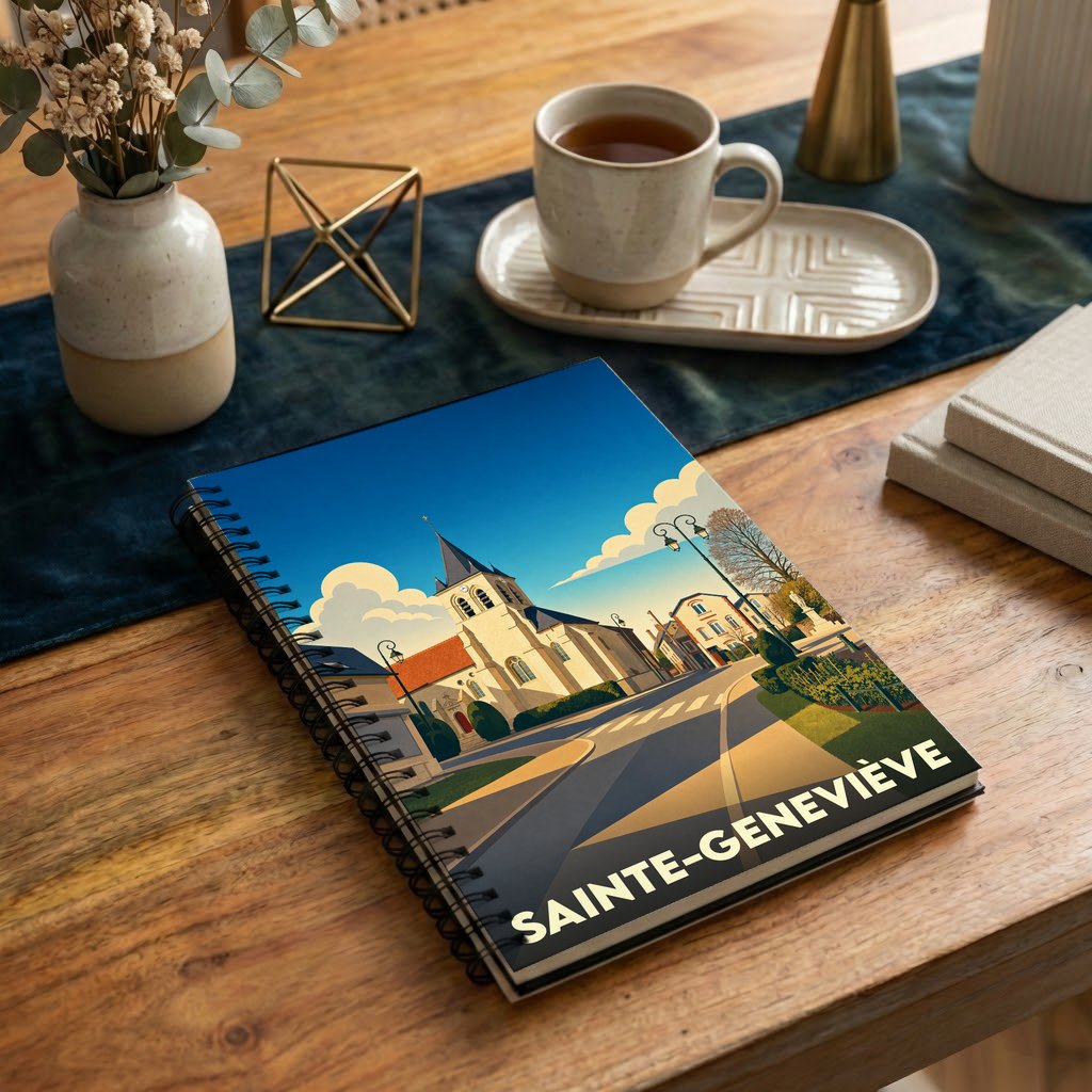 Carnet à spirales souvenir de Sainte-Geneviève avec une illustration stylisée de la ville.