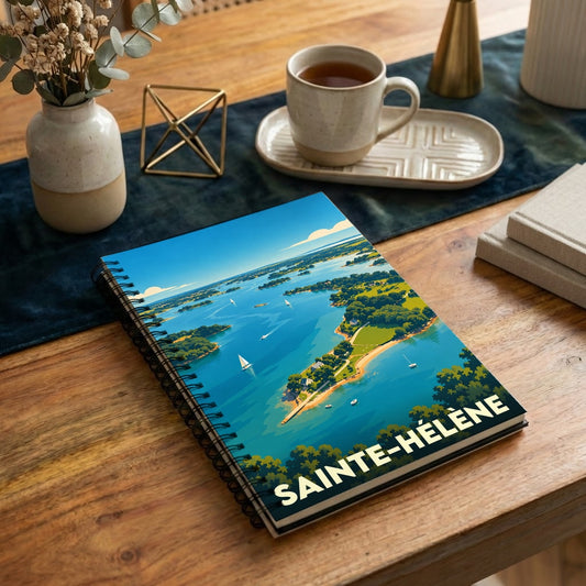 Carnet de notes souvenir de la ville de Sainte-Hélène avec une illustration stylisée de sa côte maritime.