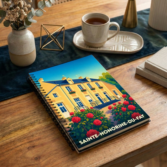 Carnet à spirales souvenir de la ville de Sainte-Honorine-du-Fay avec une illustration stylisée d'une demeure fleurie.