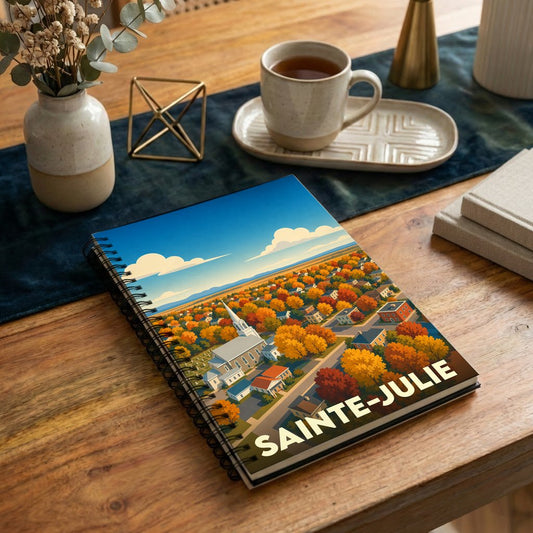Carnet de notes à reliure spirale illustré d'une vue aérienne automnale de la ville de Sainte-Julie.