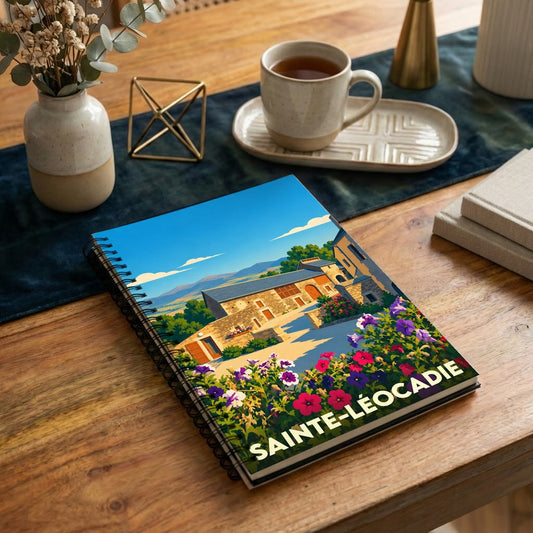 Carnet souvenir de la ville de Sainte-Léocadie avec une illustration colorée et fleurie.