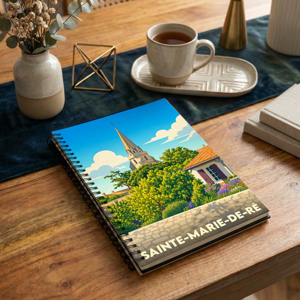 Carnet souvenir de la ville de Sainte-Marie-de-Ré avec une illustration colorée et stylisée.