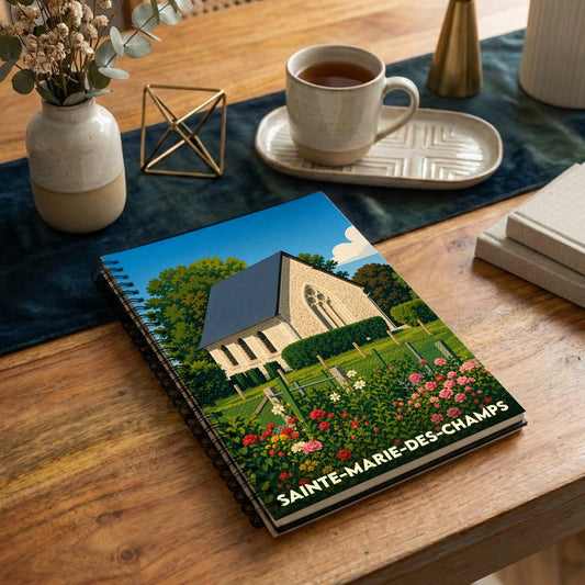 Carnet à spirales souvenir de la ville de Sainte-Marie-des-Champs avec une illustration stylisée de son église et de son jardin.