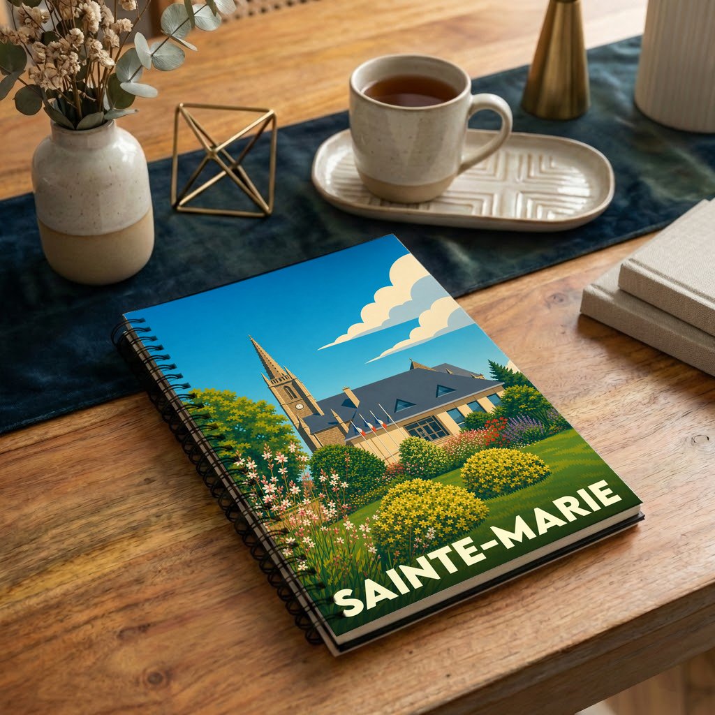 Carnet à spirale souvenir de la ville de Sainte-Marie avec une illustration stylisée d'une église et d'un jardin.