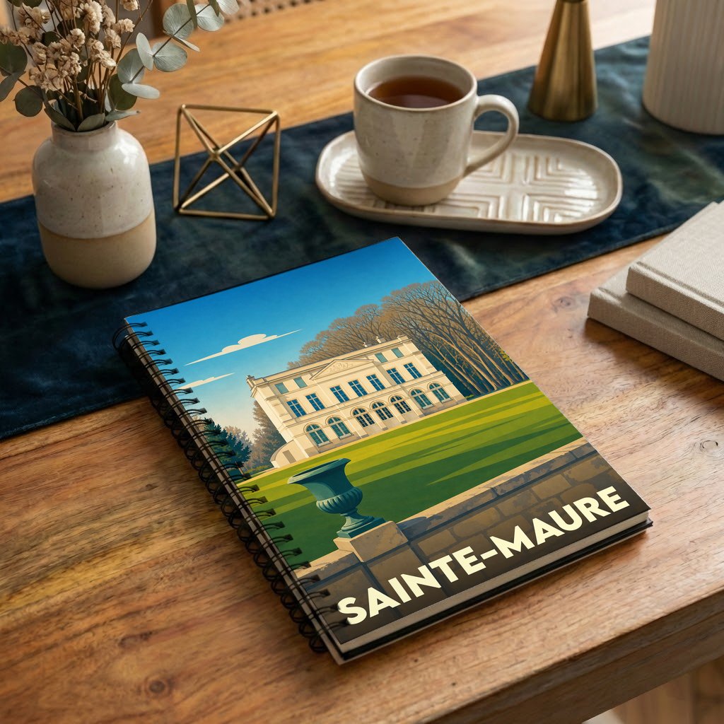 Carnet à spirales souvenir de la ville de Sainte-Maure avec une illustration stylisée de son château.