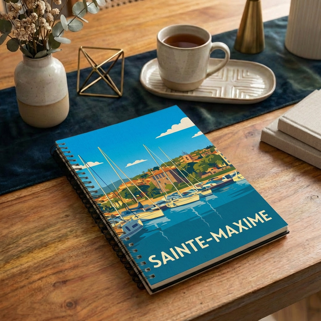 Carnet de notes souvenir de la ville de Sainte-Maxime avec une illustration stylisée du bord de mer.